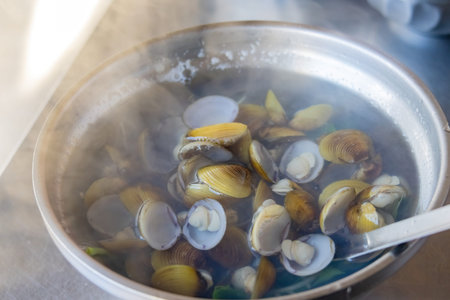 Close up shot of a hot clam soup at Taipei, Taiwanの写真素材