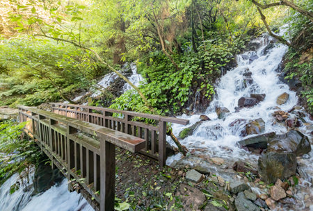 Sunny view of the beautiful river landscape of Fish Road Historical Trail at Taipei, Taiwanの写真素材