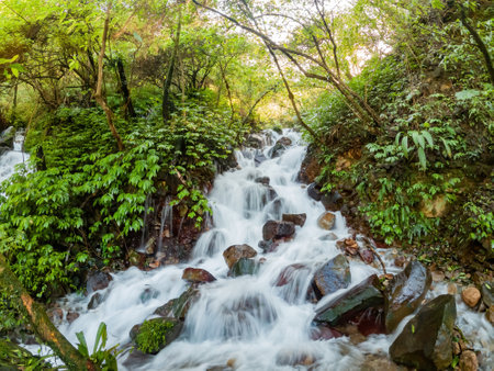 Sunny view of the beautiful river landscape of Fish Road Historical Trail at Taipei, Taiwanの写真素材