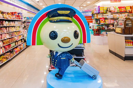 Taipie, JAN 9 2023 - Interior view of the convenience store with a cute OPEN-Chan figure in Taipei Songshan Airportのeditorial素材