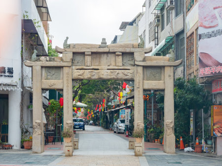 Tainan, JAN 5 2023 - Paifang arch entrance of the Kongmiao Shopping Districtのeditorial素材