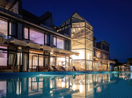 Yilan, DEC 22 2022 - Night Exterior view of the modern Stonbo hotelのeditorial素材