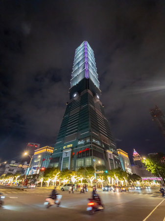 Taipei, JAN 1 2023 - Looking up the Taipei 101 at night