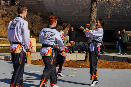 Oklahoma, JAN 21 2023 - Sunny view of Korean Kung Fu performanec in Lunar New Year Festivalのeditorial素材