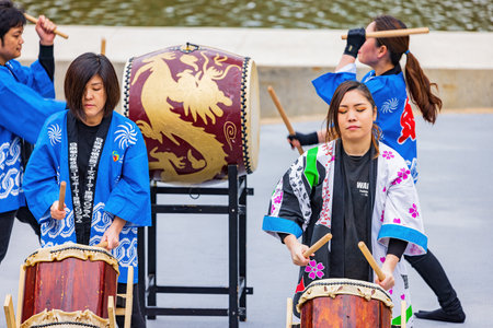 Oklahoma, JAN 21 2023 - Overcast view of Taiko drum performance in the Lunar New Year festivalのeditorial素材