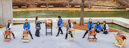 Oklahoma, JAN 21 2023 - Overcast view of Taiko drum performance in the Lunar New Year festivalのeditorial素材