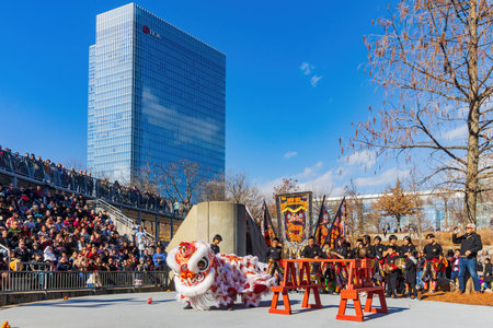 Oklahoma, JAN 21 2023 - Lion dance performance in the Lunar New Year Festivalのeditorial素材