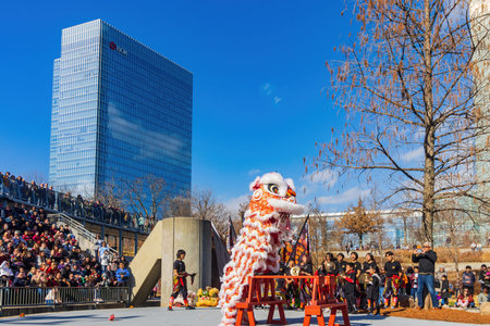 Oklahoma, JAN 21 2023 - Lion dance performance in the Lunar New Year Festivalのeditorial素材