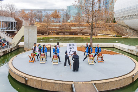 Oklahoma, JAN 21 2023 - Overcast view of Taiko drum performance in the Lunar New Year festivalのeditorial素材