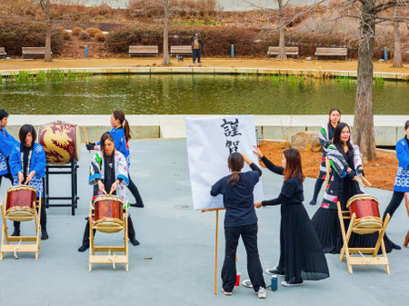 Oklahoma, JAN 21 2023 - Overcast view of Taiko drum performance in the Lunar New Year festivalのeditorial素材