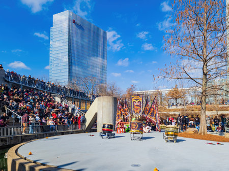 Oklahoma, JAN 21 2023 - Lion dance performance in the Lunar New Year Festivalのeditorial素材