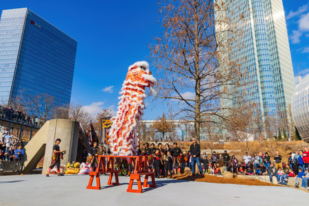 Oklahoma, JAN 21 2023 - Lion dance performance in the Lunar New Year Festivalのeditorial素材