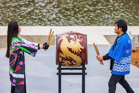 Oklahoma, JAN 21 2023 - Overcast view of Taiko drum performance in the Lunar New Year festivalのeditorial素材