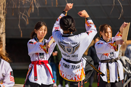 Oklahoma, JAN 21 2023 - Sunny view of Korean Kung Fu performanec in Lunar New Year Festivalのeditorial素材