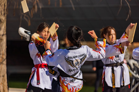 Oklahoma, JAN 21 2023 - Sunny view of Korean Kung Fu performanec in Lunar New Year Festivalのeditorial素材