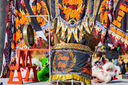 Oklahoma, JAN 21 2023 - Lion dance performance in the Lunar New Year Festivalのeditorial素材