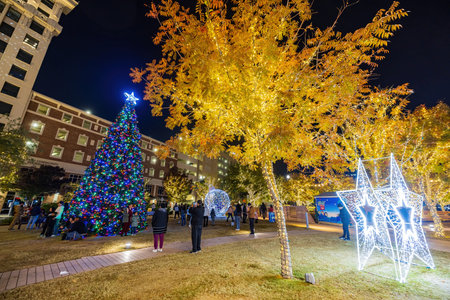 Texas, NOV 25 2022 - Night view of the San Jacinto Plaza with Christmas decorationのeditorial素材