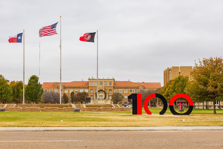 Texas, NOV 23 2022 - Overcast view of the campus of Texas Tech University celebration of 100 yearsのeditorial素材