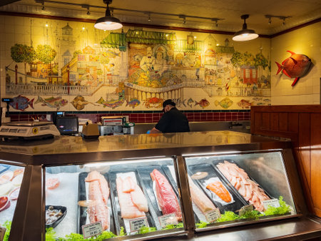 San Diego, FEB 24 2023 - Interior view of a restaurant with many raw fishのeditorial素材