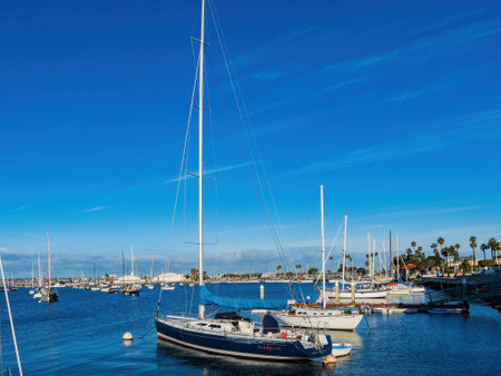 San Diego, FEB 24 2023 - Sunny view of the San Diego Bay with many shipsのeditorial素材