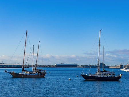 San Diego, FEB 24 2023 - Sunny view of the San Diego Bay with many shipsのeditorial素材