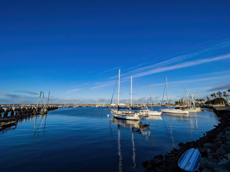 San Diego, FEB 24 2023 - Sunny view of the San Diego Bay with many shipsのeditorial素材