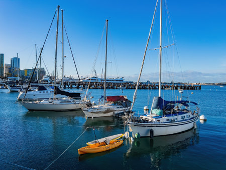 San Diego, FEB 24 2023 - Sunny view of the San Diego Bay with many shipsのeditorial素材