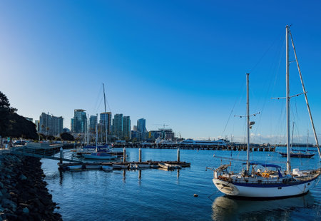 San Diego, FEB 24 2023 - Sunny view of the San Diego Bay with many shipsのeditorial素材