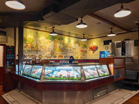 San Diego, FEB 24 2023 - Interior view of a restaurant with many raw fishのeditorial素材