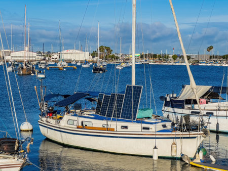 San Diego, FEB 24 2023 - Sunny view of the San Diego Bay with many shipsのeditorial素材