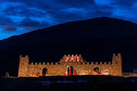 Oklahoma, APR 1 2023 - Night view of the easter Pageant in the Holy City at Wichita Mountains National Wildlife Refugeのeditorial素材