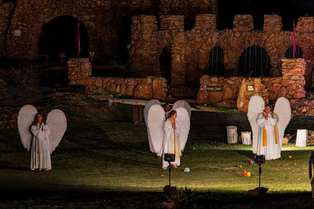 Oklahoma, APR 1 2023 - Night view of the easter Pageant in the Holy City at Wichita Mountains National Wildlife Refugeのeditorial素材