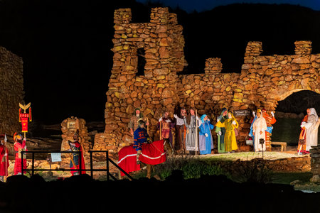 Oklahoma, APR 1 2023 - Night view of the easter Pageant in the Holy City at Wichita Mountains National Wildlife Refugeのeditorial素材