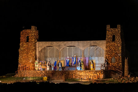 Oklahoma, APR 1 2023 - Night view of the easter Pageant in the Holy City at Wichita Mountains National Wildlife Refugeのeditorial素材