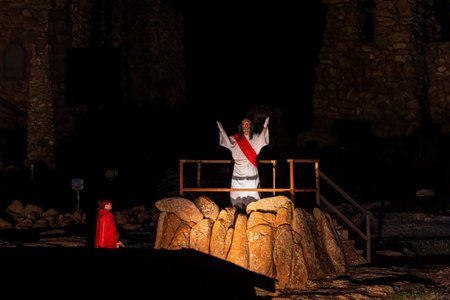 Oklahoma, APR 1 2023 - Night view of the easter Pageant in the Holy City at Wichita Mountains National Wildlife Refugeのeditorial素材