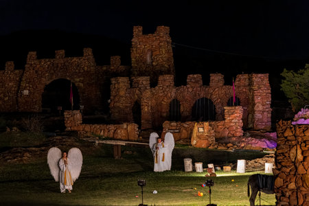 Oklahoma, APR 1 2023 - Night view of the easter Pageant in the Holy City at Wichita Mountains National Wildlife Refugeのeditorial素材