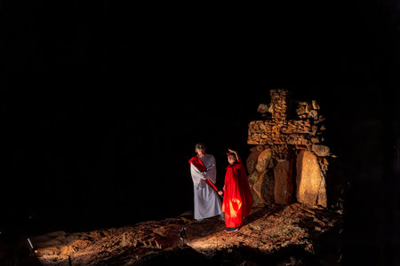 Oklahoma, APR 1 2023 - Night view of the easter Pageant in the Holy City at Wichita Mountains National Wildlife Refugeのeditorial素材