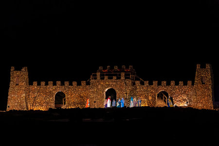 Oklahoma, APR 1 2023 - Night view of the easter Pageant in the Holy City at Wichita Mountains National Wildlife Refugeのeditorial素材