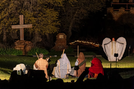 Oklahoma, APR 1 2023 - Night view of the easter Pageant in the Holy City at Wichita Mountains National Wildlife Refugeのeditorial素材