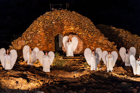 Oklahoma, APR 1 2023 - Night view of the easter Pageant in the Holy City at Wichita Mountains...