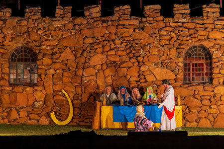 Oklahoma, APR 1 2023 - Night view of the easter Pageant in the Holy City at Wichita Mountains National Wildlife Refugeのeditorial素材