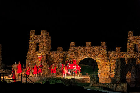 Oklahoma, APR 1 2023 - Night view of the easter Pageant in the Holy City at Wichita Mountains National Wildlife Refugeのeditorial素材