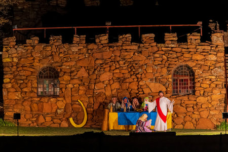 Oklahoma, APR 1 2023 - Night view of the easter Pageant in the Holy City at Wichita Mountains National Wildlife Refugeのeditorial素材