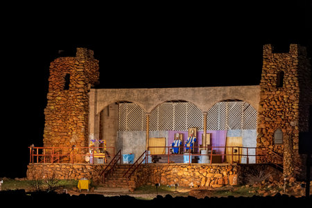 Oklahoma, APR 1 2023 - Night view of the easter Pageant in the Holy City at Wichita Mountains National Wildlife Refugeのeditorial素材