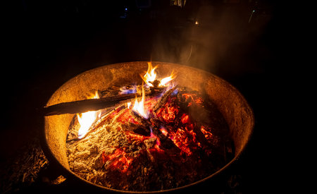 Close up shot of a camp fire in Beavers Bend State Park at Oklahomaの写真素材