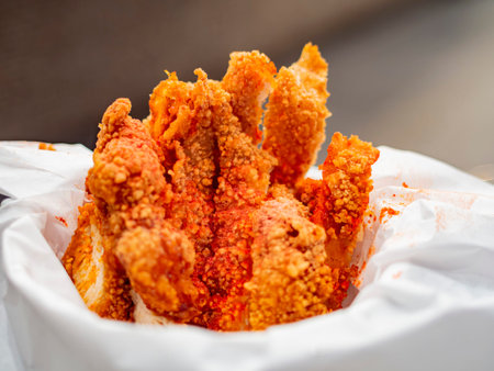 Close up shot of deep fried chicken steak at Los Angeles, Californiaの写真素材