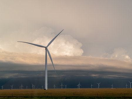 Thunderstorm over the sky in Amarillo country side area with Wind turbines at Texas, USAの写真素材