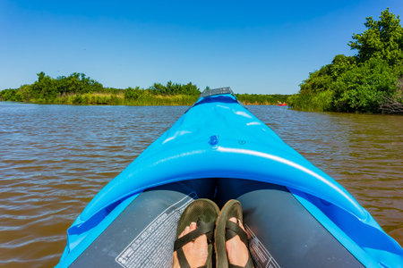 Close up shot of a blue kayak at Lake Overholser, Oklahomaの写真素材