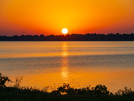 Sunset landscape of Lake Overholser at Oklahomaの写真素材