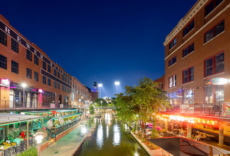 Oklahoma, JUL 4, 2023 - Night view of the Bricktownのeditorial素材